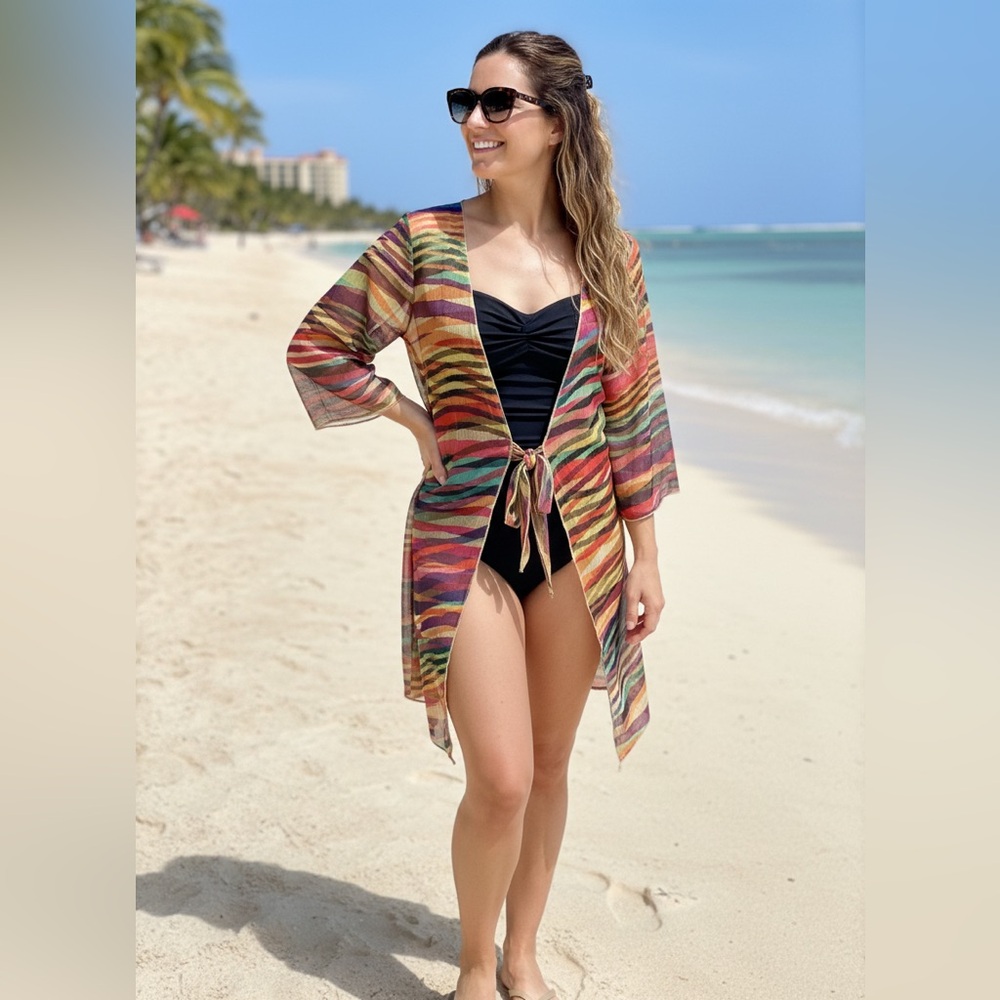 BECCA Rebecca Virtue Sheer Woven Tunic Swimsuit Cover Up multicolor stripe XS-S